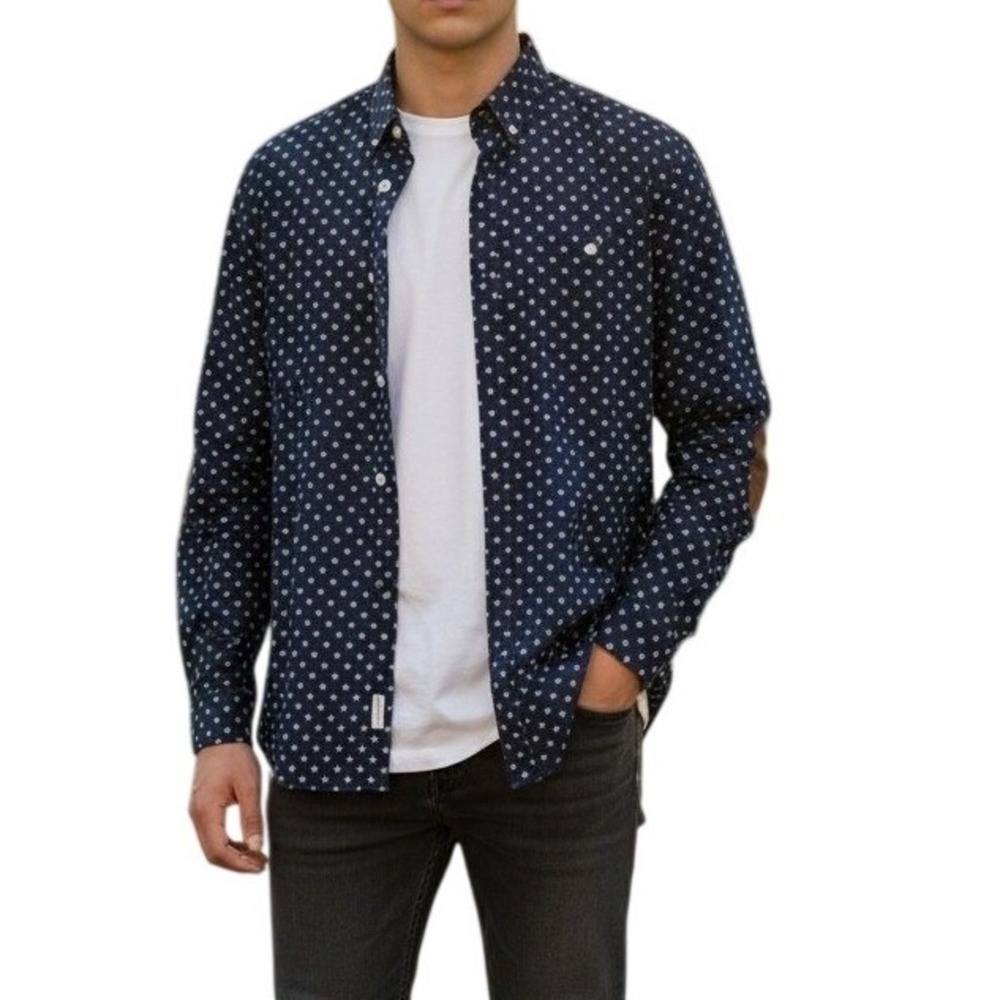 Livergy‎ Button Down Shirt Mens Medium Navy Blue Geometric Cross Elbow Patches M